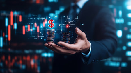 Investment concept with businessman holding stack of coins and virtual screen with financial chart.の素材