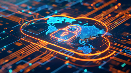 Glowing padlock on circuit board background. Cyber security concept. 3D Renderingの素材