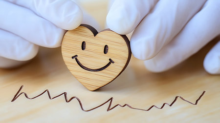 Wooden heart with smiley face on a wooden background with white gloves.の素材