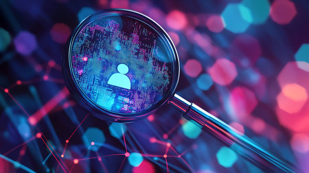 Magnifying glass with human icon over digital background. 3d renderingの素材