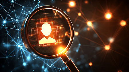 Magnifying glass with person icon on dark background. 3D renderingの素材