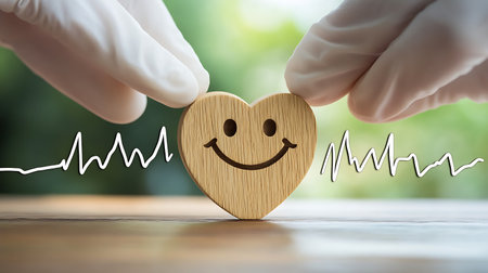 Hand holding wooden heart with smiley face. Health care concept.の素材