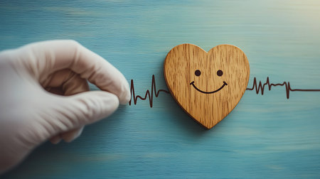 Wooden heart with cardiogram on blue background. Health care conceptの素材