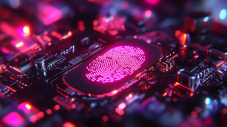 Fingerprint on motherboard. Biometric security concept. 3d illustrationの素材