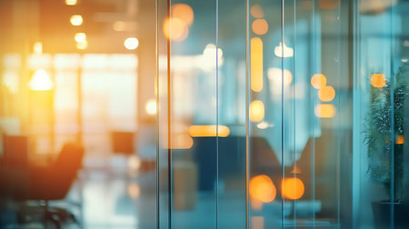 Modern office interior with glass wall and bokeh lights. Mock upの素材