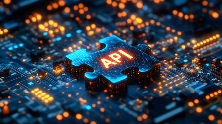 3D rendering of a puzzle piece with the word API on itの素材