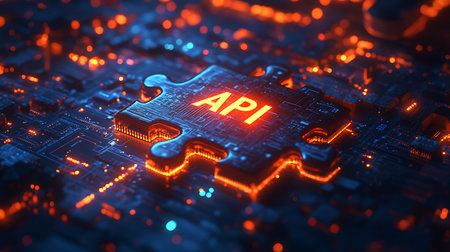 Close-up view of a colorful illuminated circuit board with a missing piece - API concept 3D renderingの素材