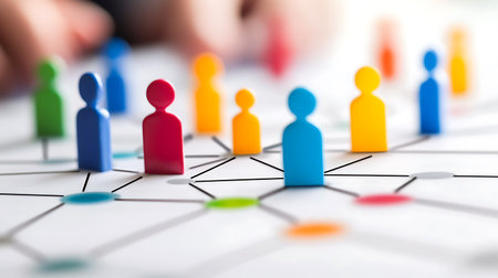 Teamwork concept with colorful people figures and network on white background.の素材