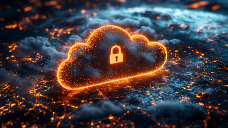 Cloud computing security concept. 3d rendering. Glowing cloud with padlock icon on dark backgroundの素材