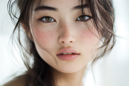 Closeup portrait of a beautiful young asian woman with frecklesの素材