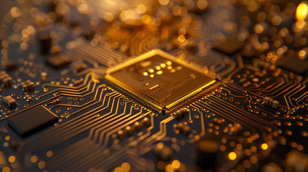 Close-up of electronic circuit board with processor. Technology background.の素材