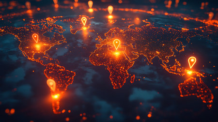 Glowing map of the world with pins on it. 3D renderingの素材