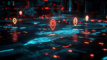 Futuristic digital city with map pointers and glowing lights 3D renderingの素材