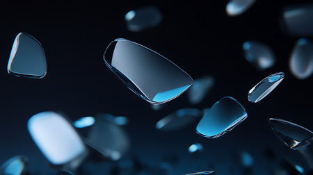 3d rendering of a lot of blue glass cubes floating in the airの素材