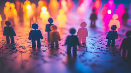 Social Networking Concept. Group of People Silhouette Standing in a Row on World Map Background. Selective Focus.の素材