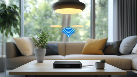 Wi fi router on table in modern living room. 3d renderingの素材