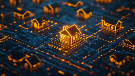 Abstract 3d render illustration of a house on a circuit board.の素材