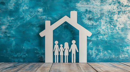 Paper house with family icon on wooden floor over grunge wall backgroundの素材