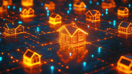 3D illustration of a glowing house on a circuit board. 3D renderingの素材