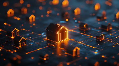 3D illustration of a house on a circuit board with glowing lightsの素材