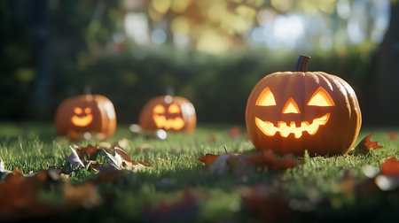 Halloween pumpkins on the grass in the park. Selective focus.の素材