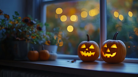 Halloween pumpkins on the windowsill with a bokeh backgroundの素材