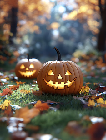 Halloween pumpkins in the autumn forest. 3d render.の素材
