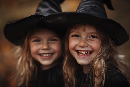 Two little girls in black witch hats on Halloween. Close-up.の素材