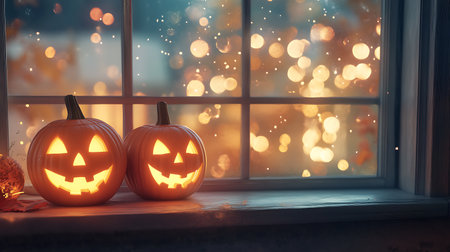 Halloween pumpkins on windowsill with lights bokeh backgroundの素材