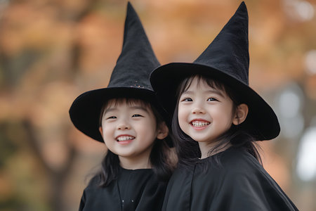 cute asian little girl and boy in witch costume on halloweenの素材