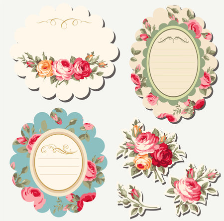 Decorative floral scrapbook frames with vintage roses. Vector setのイラスト素材