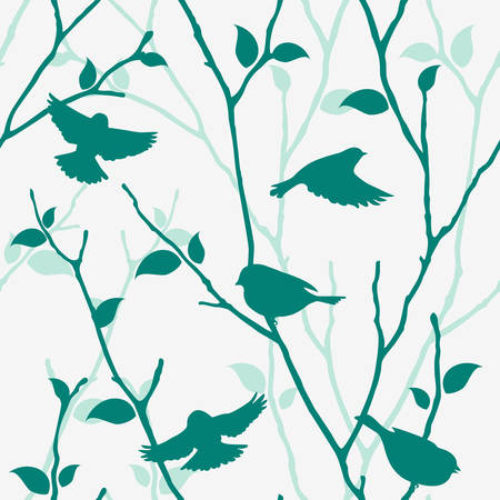 Seamless blue pattern with birds and twigs. Vector spring background with bird silhouettesのイラスト素材