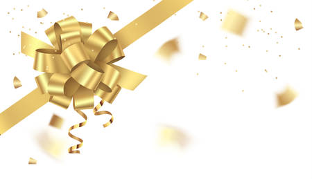 Diagonally bow with golden ribbon for your design. New Year decoration. Vector holiday backgroundのイラスト素材