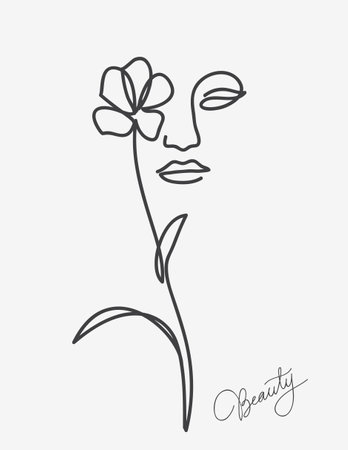 One line drawing. Abstract beautiful girl with flower. Female beauty icon. Vector illustration.のイラスト素材
