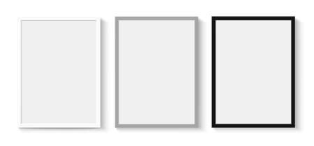 Set of white, gray and black frames with shadow on gray wall for interior design. Vector stock illustration.のイラスト素材