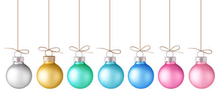 Set of decorative pastel color Christmas ball with rope isolated on white. New year decoration. Vector illustrationのイラスト素材
