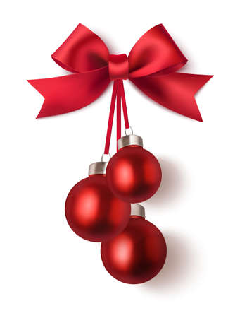 Decorative red Christmas balls with red bow isolated on white background. New year decoration. Vector illustrationのイラスト素材