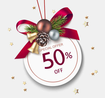 New Year winter and Christmas sale price tags design template. Decorative red bow with golden bell, Christmas ball, fir twigs, pine cone and price tag on gray background. Vector stock illustrationのイラスト素材