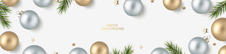 New Year and Christmas design template. Xmas white background with decorative golden, silver ball and golden star confetti with fir twig. Flat lay. Top view. Vector stock illustration.のイラスト素材