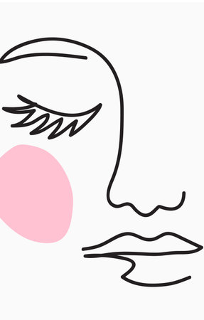 One line drawing. Abstract beautiful girl with pink makeup. Female beauty icon. Hand drawn sketch. Vector minimalist stock illustration.のイラスト素材