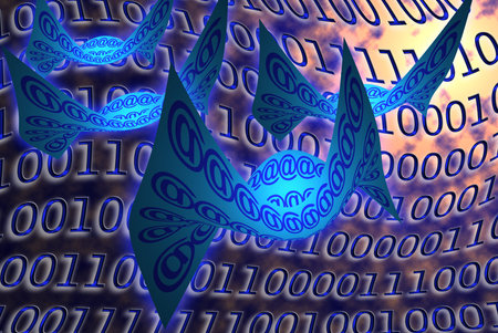 Flying emails on binary background
