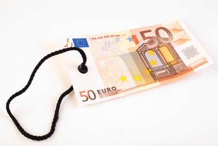 50 Euro banknote tag on white surfaceの写真素材