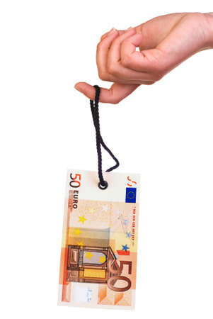 50 Euro banknote tag hanging on finger isolated on whiteの写真素材