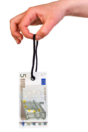 Hanging 5 Euro banknote tag isolated on whiteの写真素材