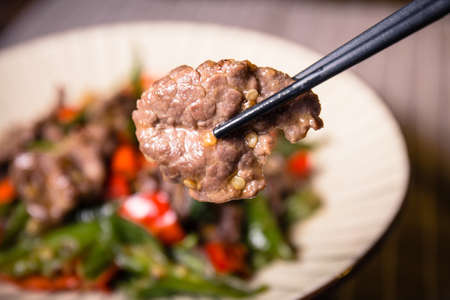 A dish of stir fried meat and chilliの写真素材