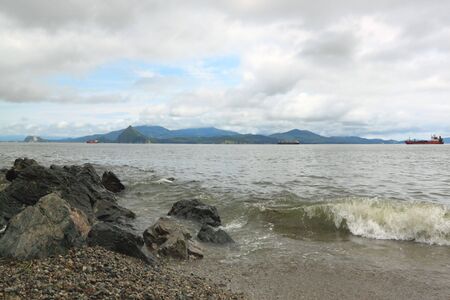 Ships on spot-check of sea of Japanの写真素材