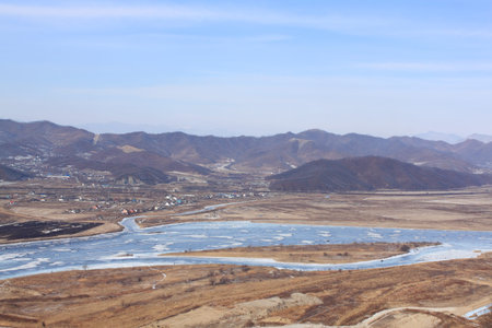 View from mountain top on  valley,  river and hills