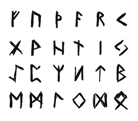 Alphabet with ancient Old Norse runes (Futhark) Set of 24 scandinavian and germanic letters on square white landscape background.のイラスト素材