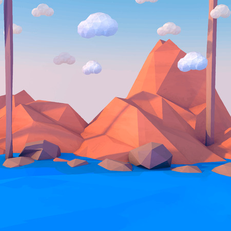 Low poly mountains landscape vector background. Polygonal shapes peaks with snow on top and trees around. Sunset wallpaper.のイラスト素材