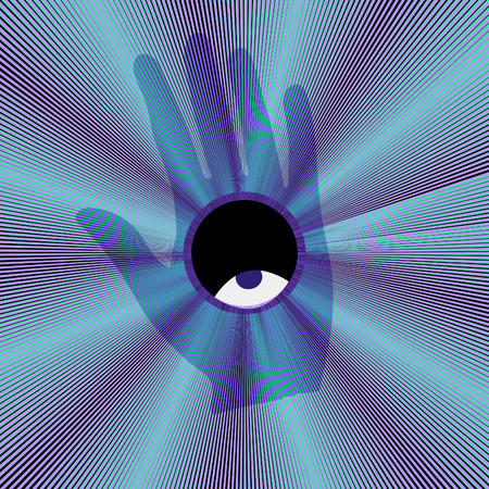 Vector abstract illustration with sunburst, hand, ornaments and all seeing eye symbol. Stylish vintage background. Grunge effect is on a separate layer.のイラスト素材